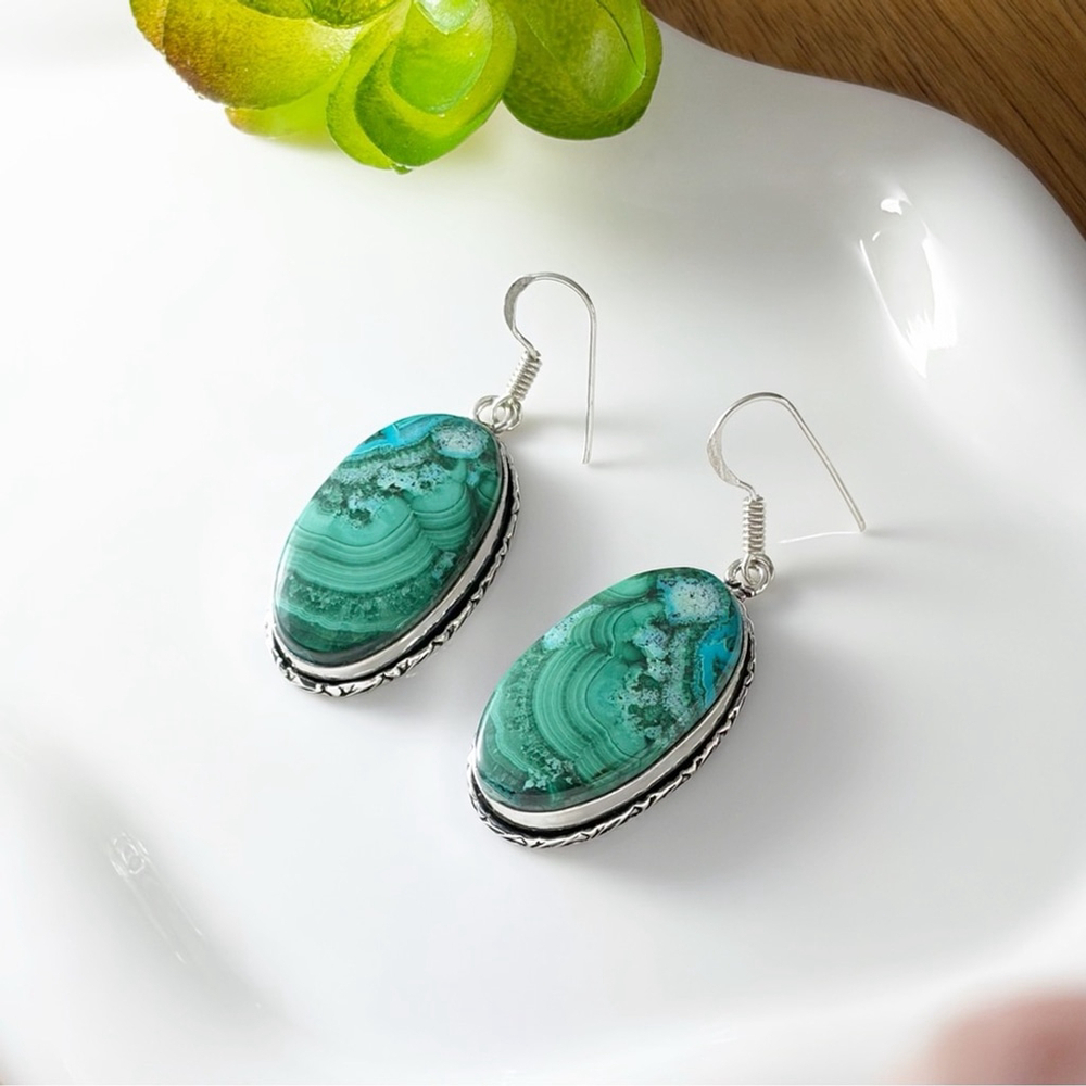 Top Quality Malachite Chrysocolla Earrings Southwest 925 Sterling Silver Overlay - Picture 4 of 6